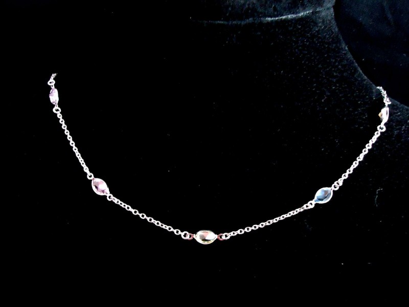 925 STERLING SILVER LADIES ANKLE BRACELET W/ MULTI-COLOR STONES 10'' LONG gallery