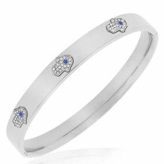 Stainless Steel Silver-Tone White Blue CZ Hamsa Good Luck Bangle Bracelet, 7.5″