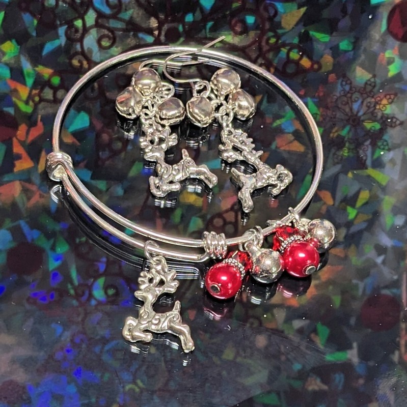 Christmas Bracelet Bangle Earring set Reindeer Jingle Teen Woman gallery