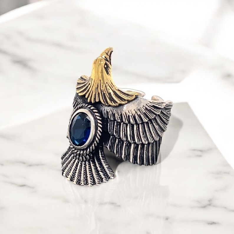 925 Sterling Silver Winged Blue Stone Cuff Bracelet & Ring Set gallery