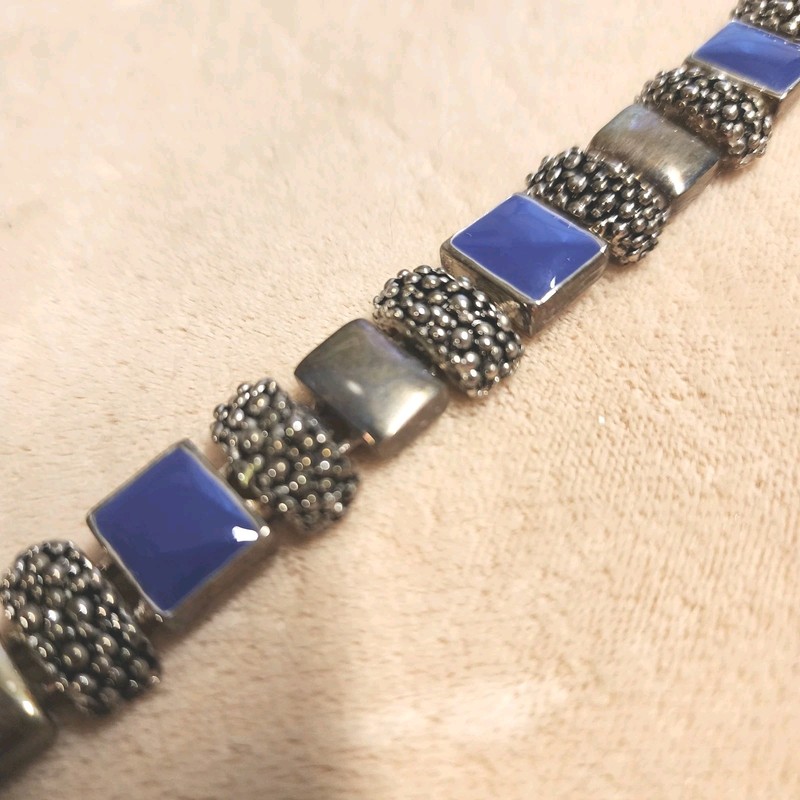 Lapis Blue & Silver Colored Link Bracelet 7.5 " With Snap Closure gallery