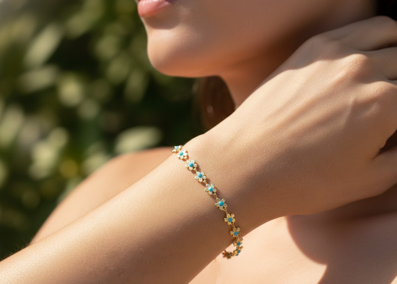 Boho Turquoise Floral Bracelet 18K Gold Plated Brass Flower Chain Charm gallery