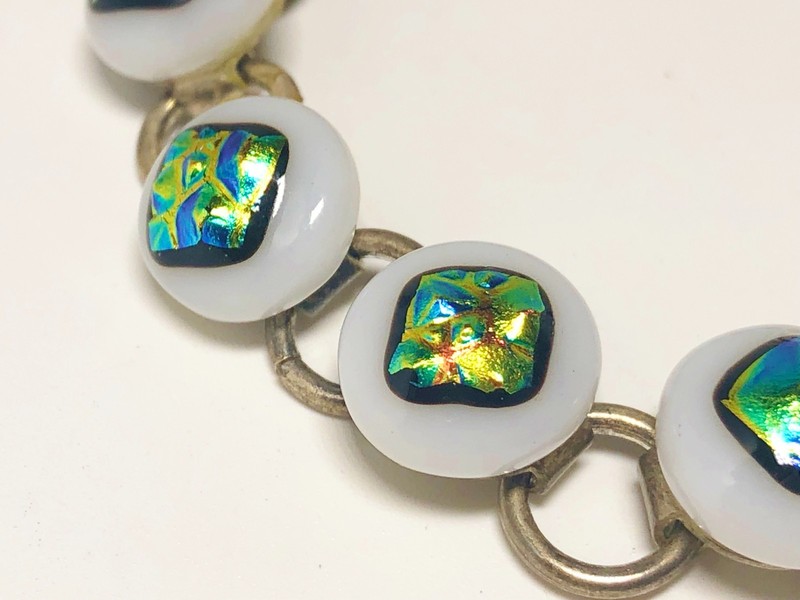 Artisan Fused Glass Cabochon Bracelet Metallic Dichroic Silver Chain Linked 6.5" gallery