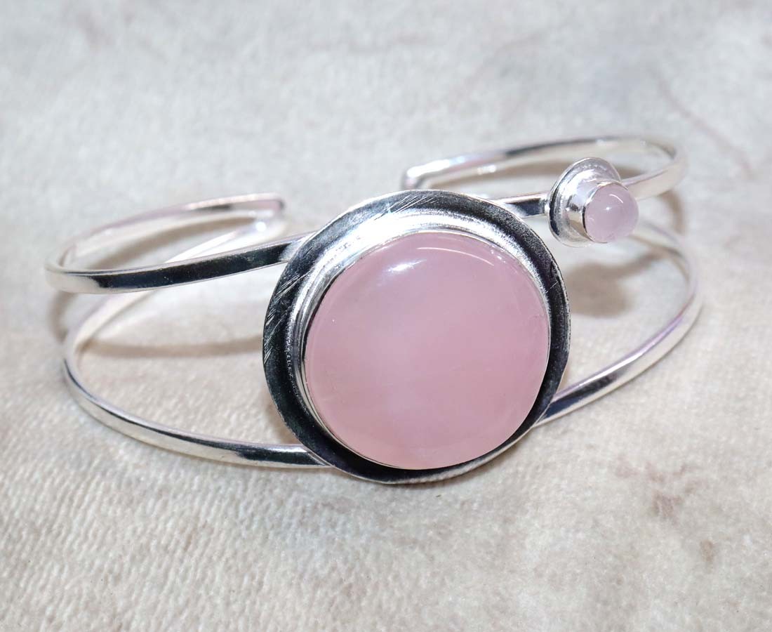 925 Silver Plated Outstanding Round Rose Quartz Bangle FreeSize Trendy GW gallery