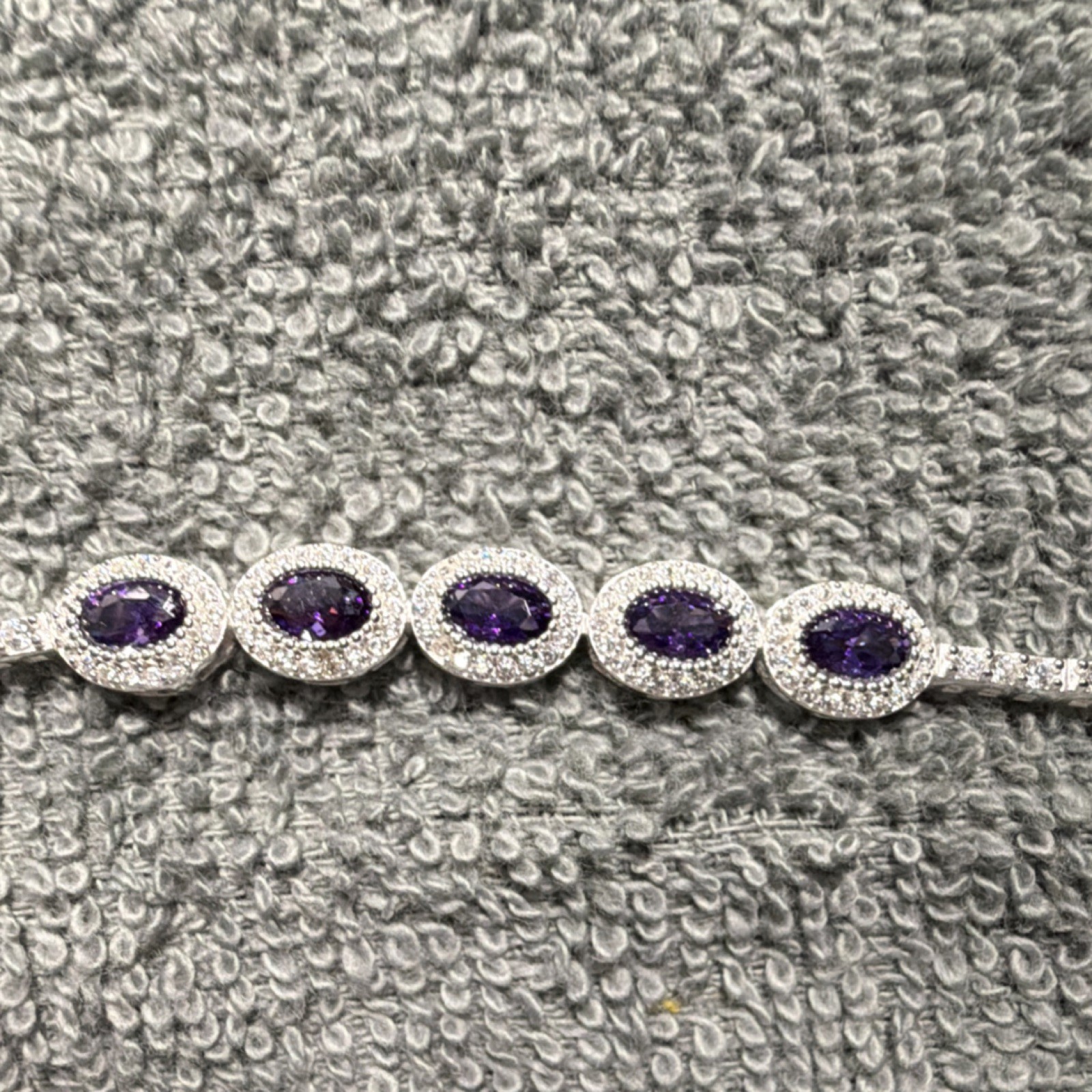 925 Sterling Silver Amethyst Halo Tennis Bracelet 8in Box Clasp 5 Stones gallery