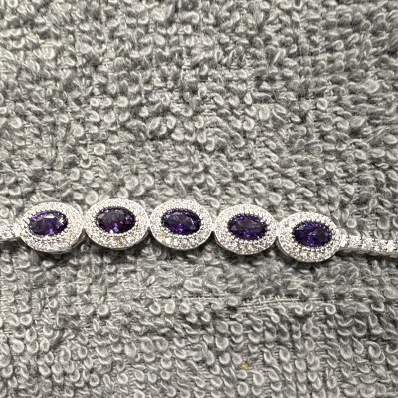 925 Sterling Silver Amethyst Halo Tennis Bracelet 8in Box Clasp 5 Stones gallery