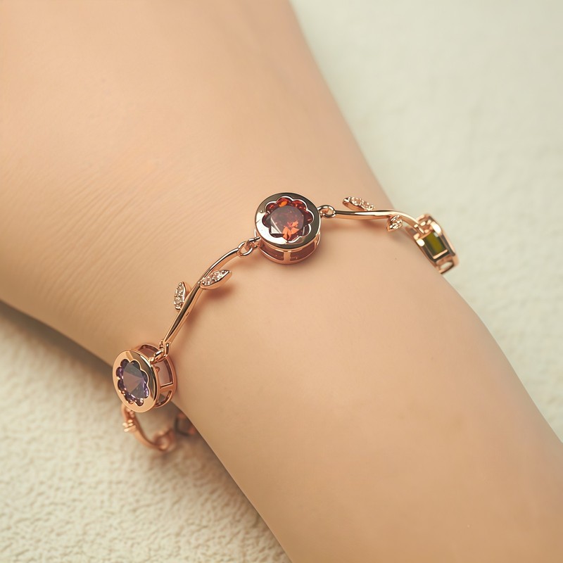 Rose Gold Branch Leaf Multicolor CZ Link Bracelet For Women, Copper Plated Silve gallery