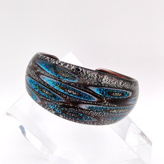 Vintage Y2K Dichroic Glass Cuff Bracelet Bangle Blue Black Glitter Peacock