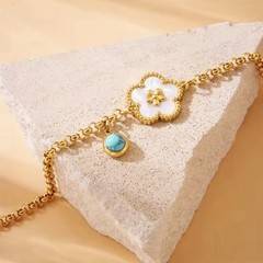 Gold Flower Charm Bracelet with Blue Round Stone, Cable Chain,stainless steel
