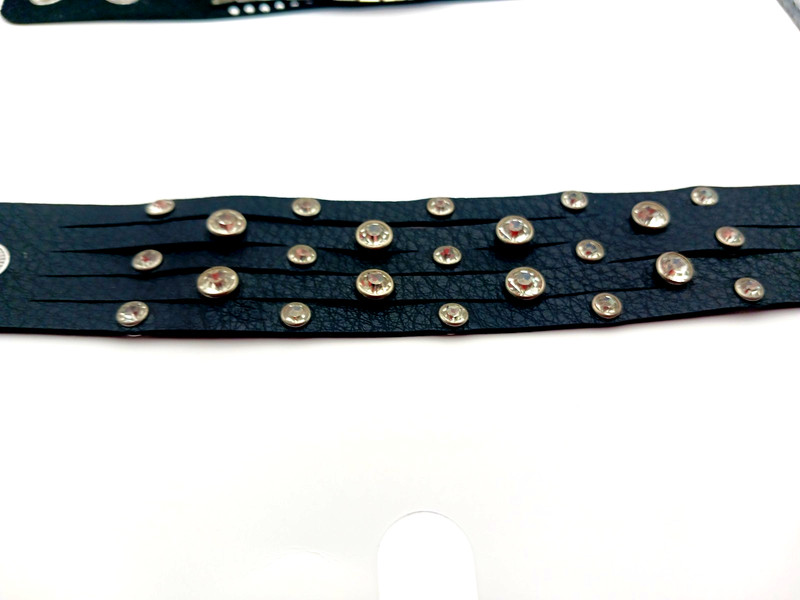 Multi Rhinestone Faux Black Leather Bracelet- 9 Inches Unisex Lot Of TWO gallery