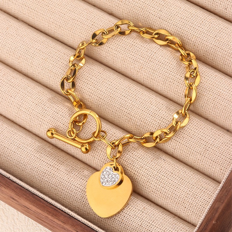 Women's Heart Inlay Zircon Pendant Bracelet OT Buckle Stainless Steel Bracele gallery