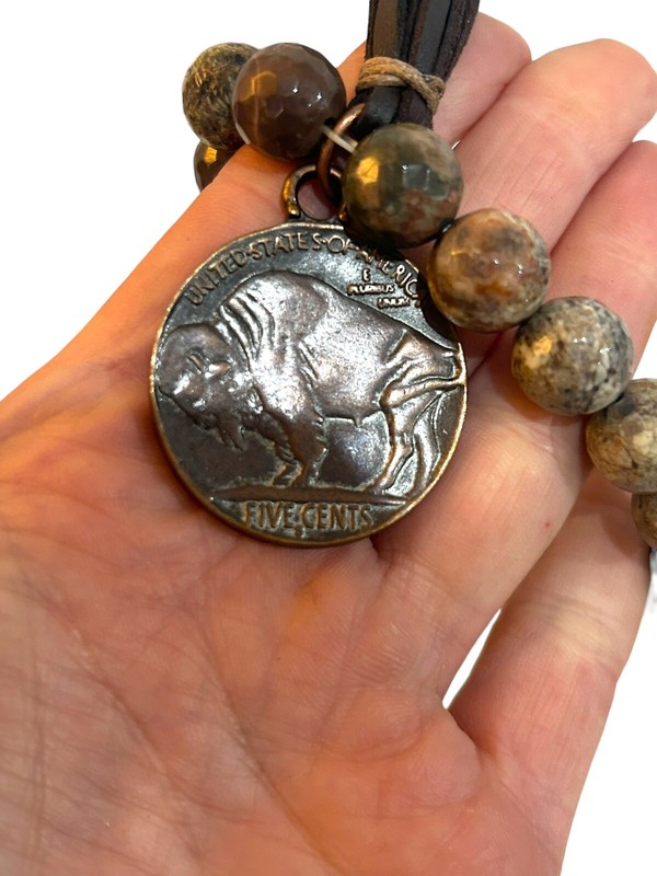 Jewelry Junkie Faceted Brown Ocean Agate Stone Bracelet w/ Tassel & Buffalo Coin gallery