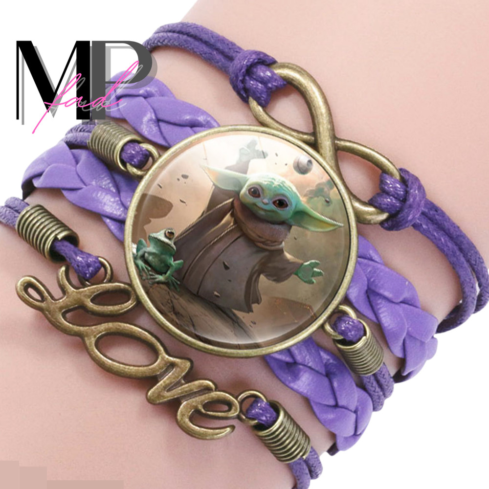 Baby Yoda Mandalorian Cabochon Purple Weave Cord Bracelet Lobster Closure TADA