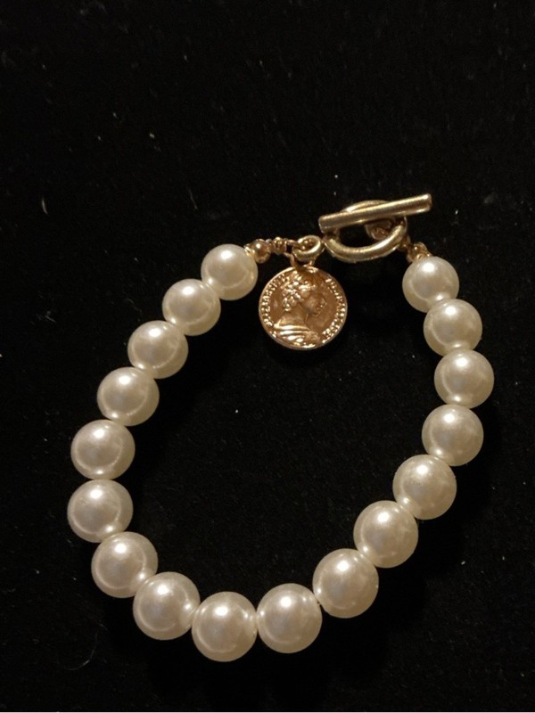 Faux Pearl Bracelet Gold Toggle Coin Charm Elegant gallery