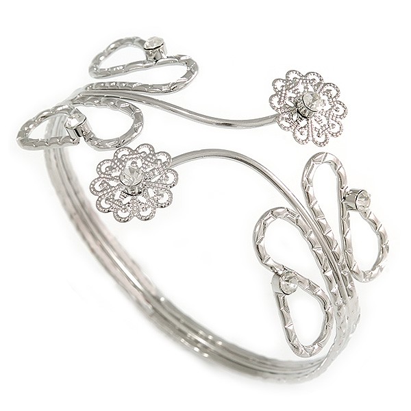 Textured Flowers & Twirls Crystal Upper Arm Bracelet Armlet in Silver Tone -