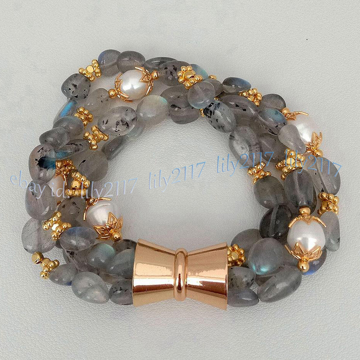 4 Rows 8-10mm Irregular Gray Labradorite White Pearl Bracelet 8'' Magnetic Clasp gallery