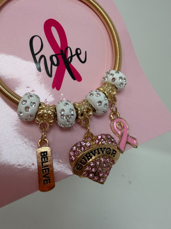 Breast Cancer Awareness Bracelet - Gold Tone with Survivor Charm and Pink Ribbon gallery