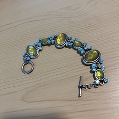 Lia Sophia Bracelet Olive Green Blue Toggle Crystal Pewter Costume Jewelry