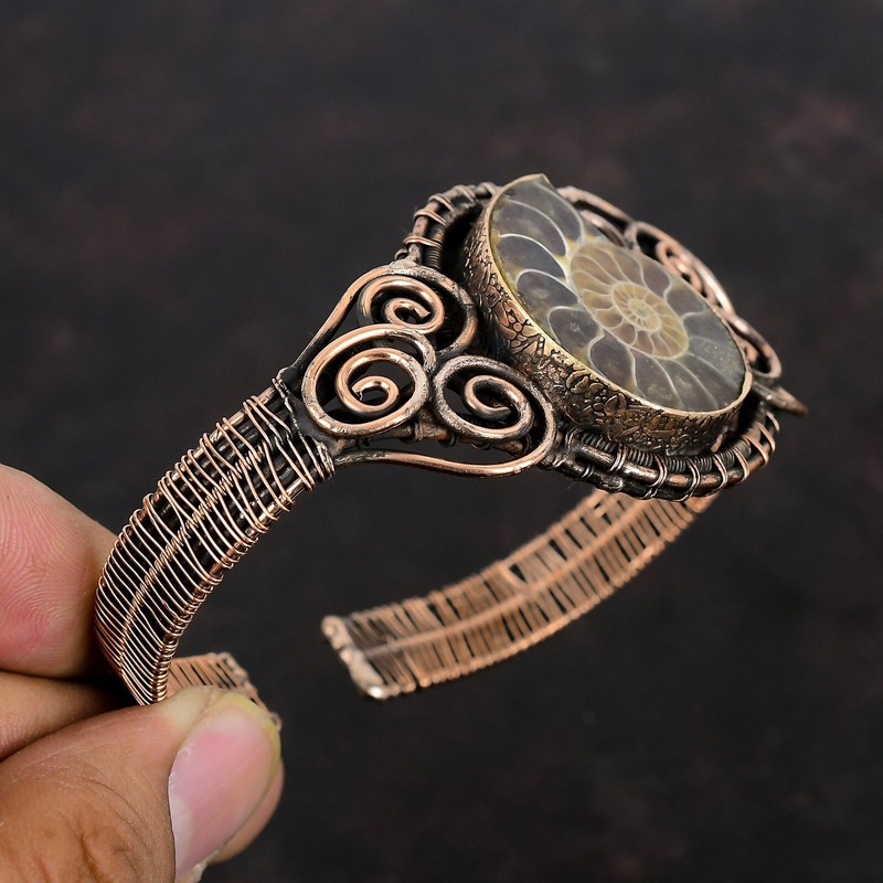 Ammonite Fossil Jewelry Copper Gift For Mom Wire Wrapped Adjustable Bangle gallery