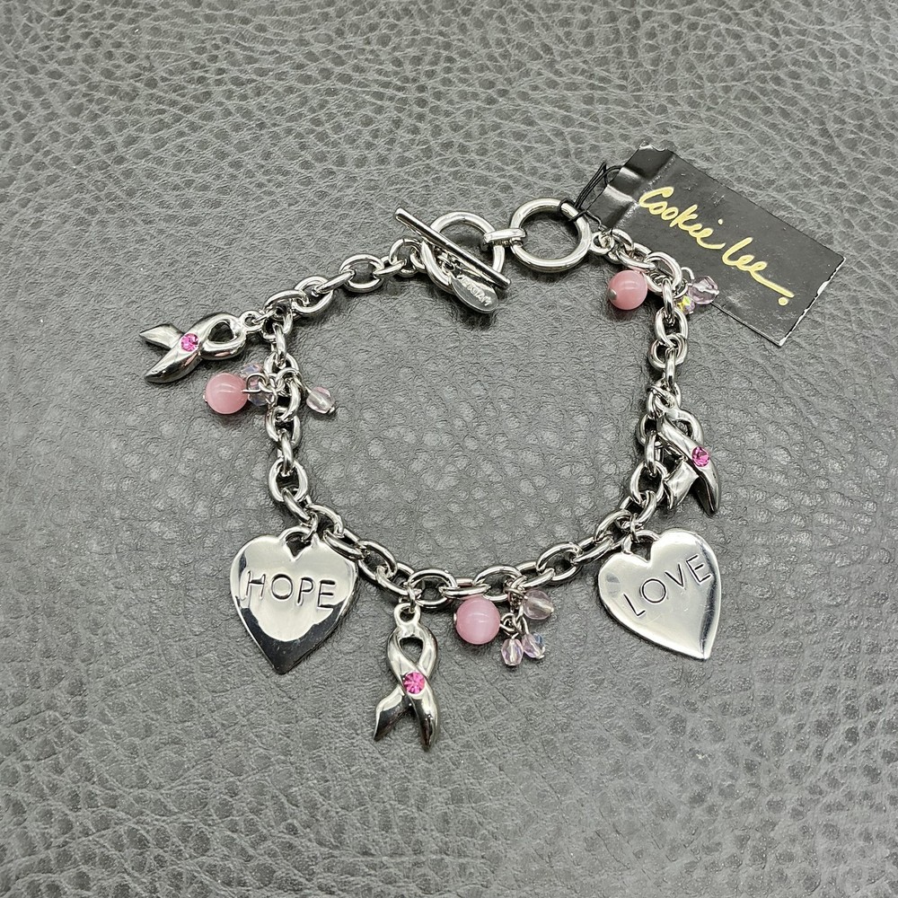 Cookie Lee Bracelet Silver Tone Pink Ribbon Breast Cancer 8 Inch Love Hope
