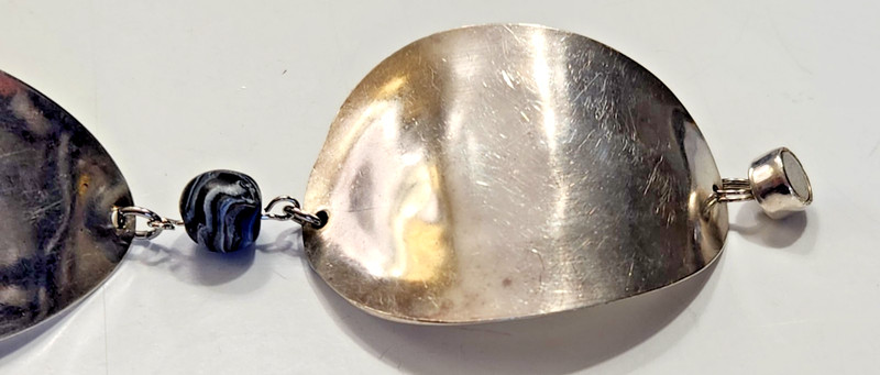 Silvertone Leaf Panel Bracelet Blue Swirl Beads Minimalist Industrial Modern gallery