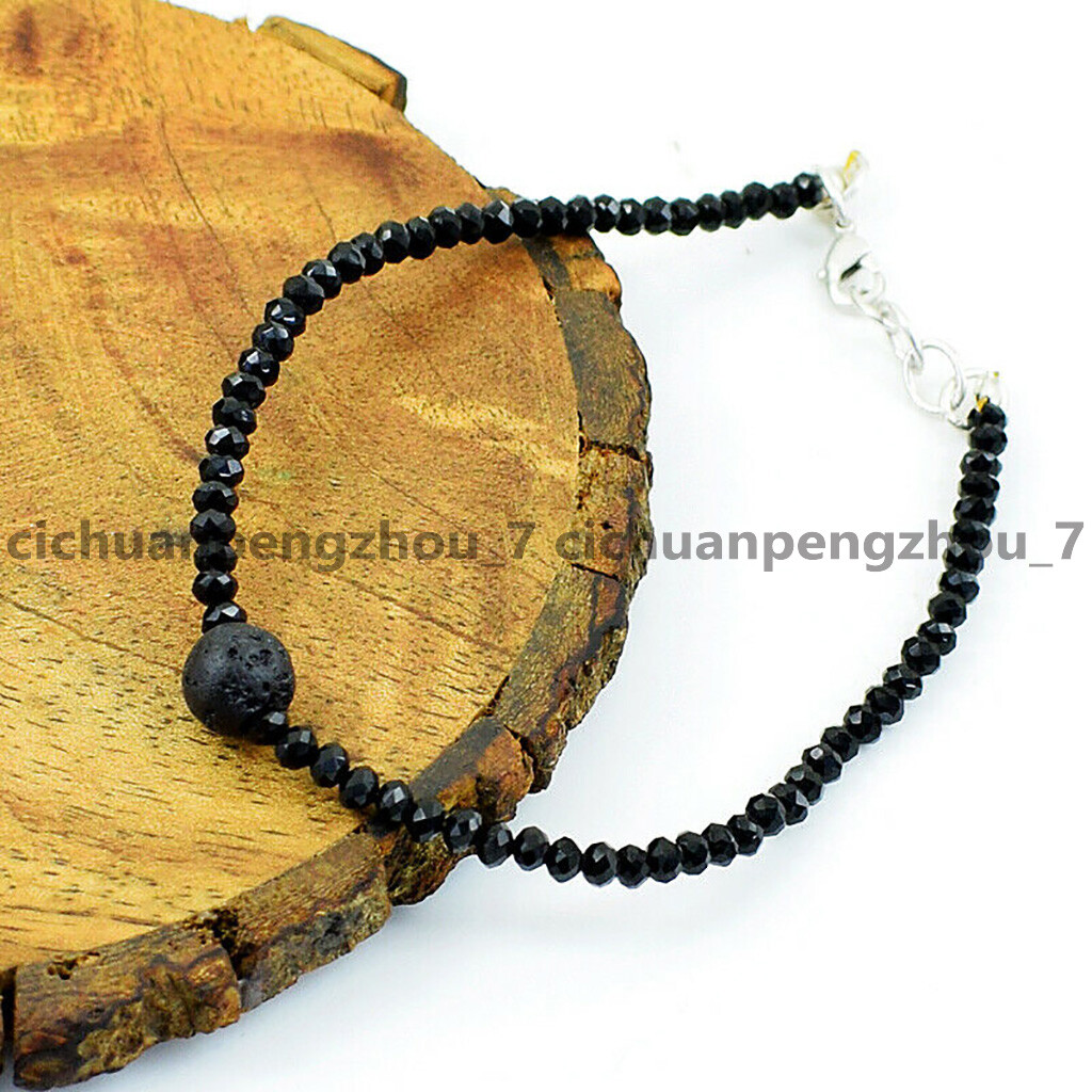 Faceted 3mm Bright Black Spinel & Lava Stone Round Gems Beads Bracelet 7.5'' AA gallery