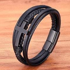 Men’s Cross Braided Bracelet Leather Cuff Bracelet Bangle Magnetic Clasp