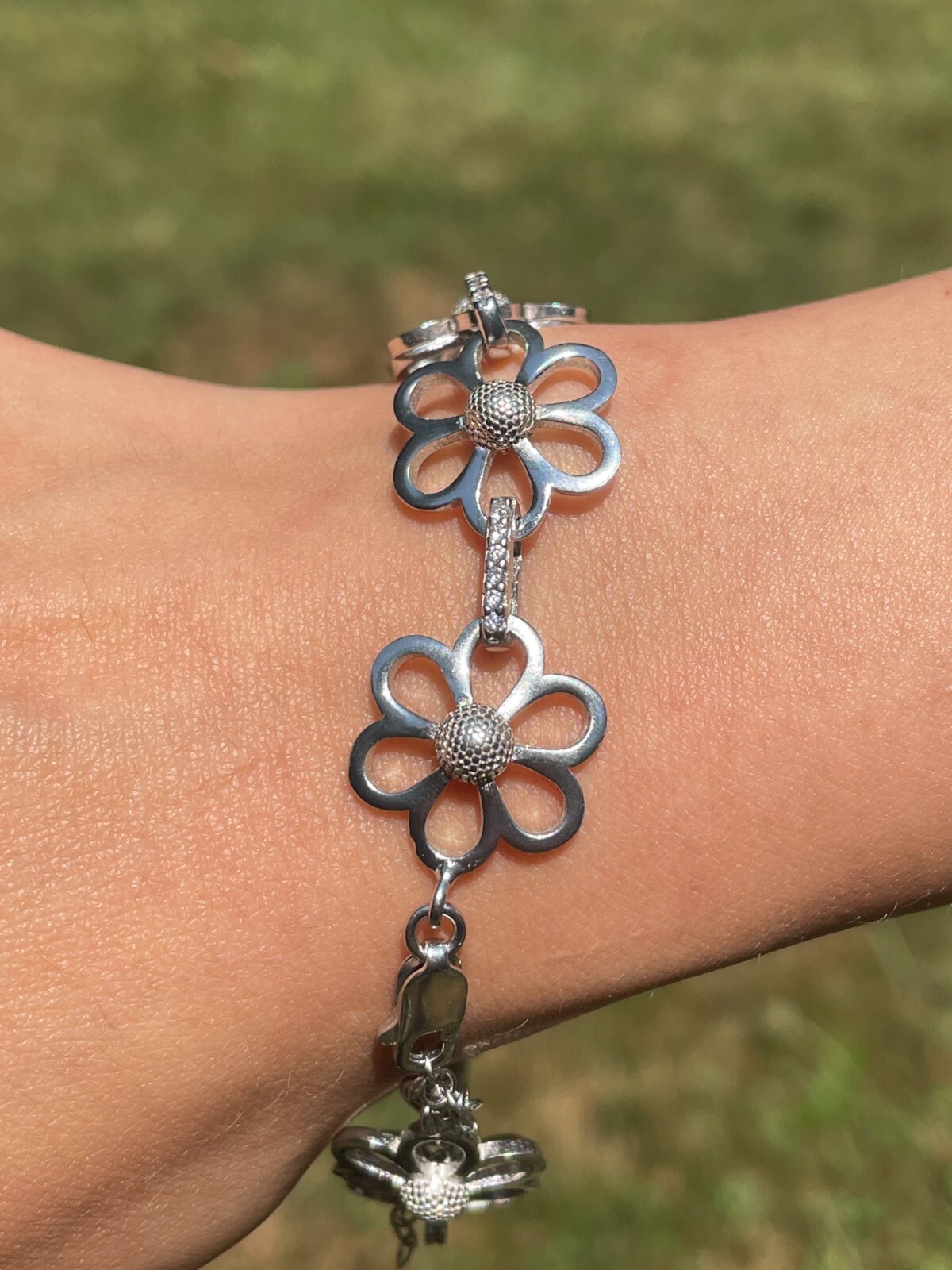 Ladies Iced CZ Daisy Flower Custom Bracelet Adjustable Solid 925 Sterling Silver gallery