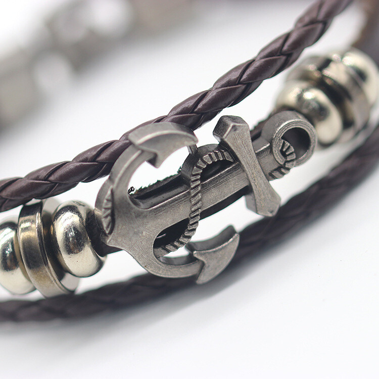Men Leather Bracelet Braided Bangle Wristband Stars Sailor Nautical Anchor Rope gallery
