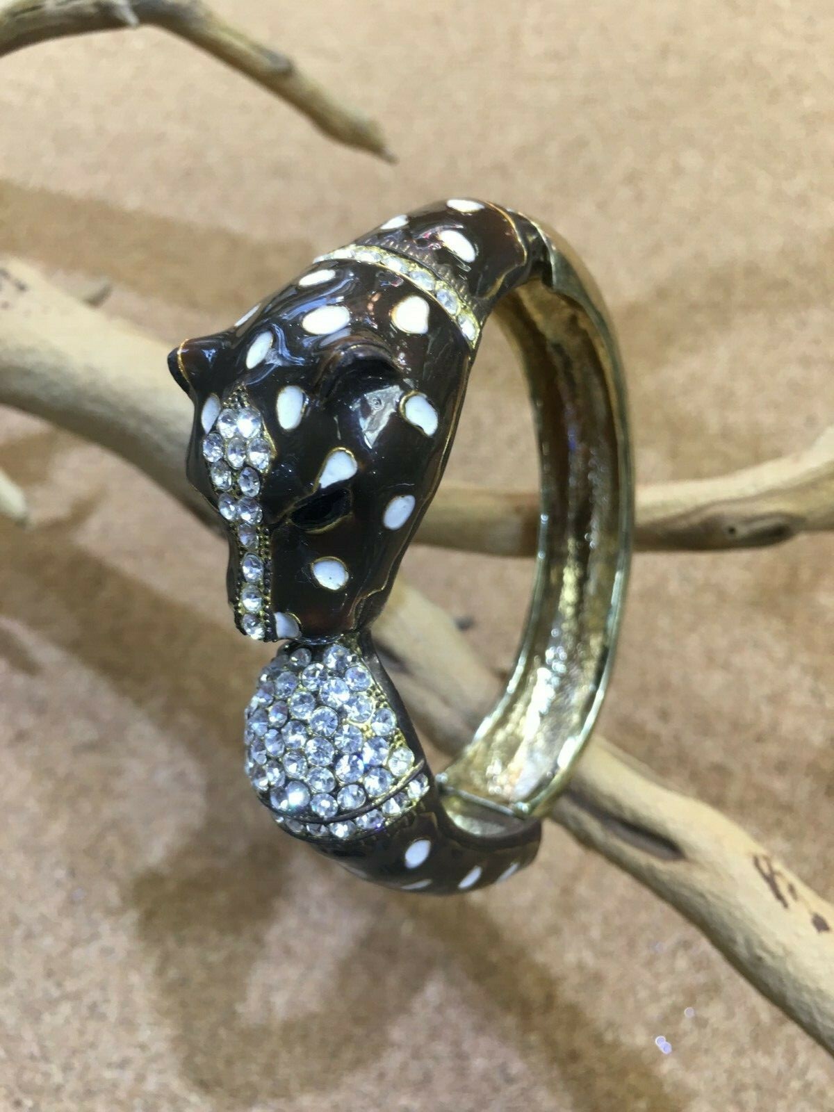 LEOPARD JAGUAR BANGLE CUFF SILVER TONE BRACELET BLACK ENAMEL SPARKLE RHINESTONE gallery