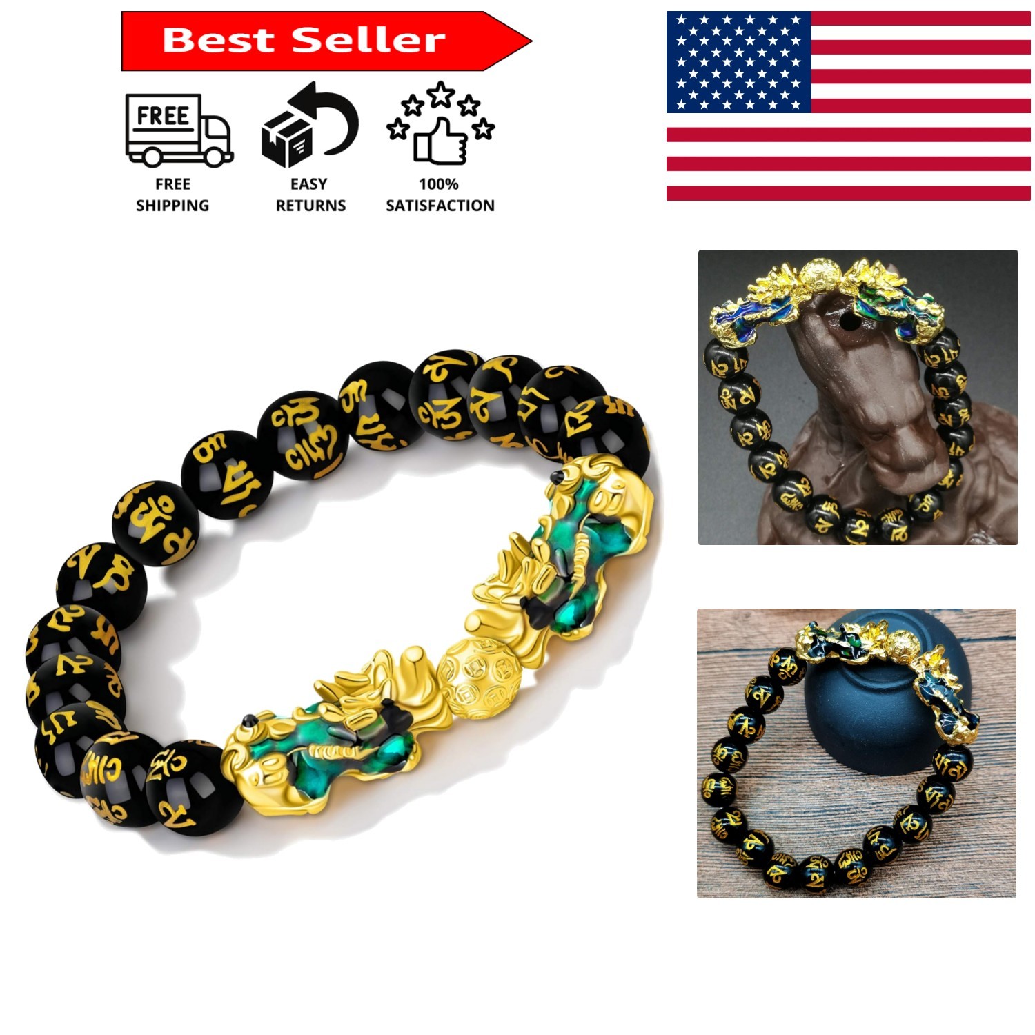 Luck-Attracting Color-Changing Pi Xiu Bracelet for Men and Women - Obsidian gallery
