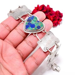 Heart – Copper Azurite Chrysocolla 925 Textured Silver Bracelet 8.99″ B84322