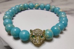 Cat Panther Jaguar Bracelet Light Blue Beads Rhinestone Cat Face Green Eyes