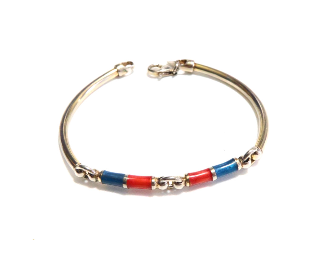 Italy 925 Curved Bar Red Blue Enamel Bar Link BRACELET - 7.8 grams gallery