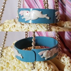 Vintage Bracelet/Blue Wrap Bakelite Bunny/Japan signed Albino Rabbit pink eyes