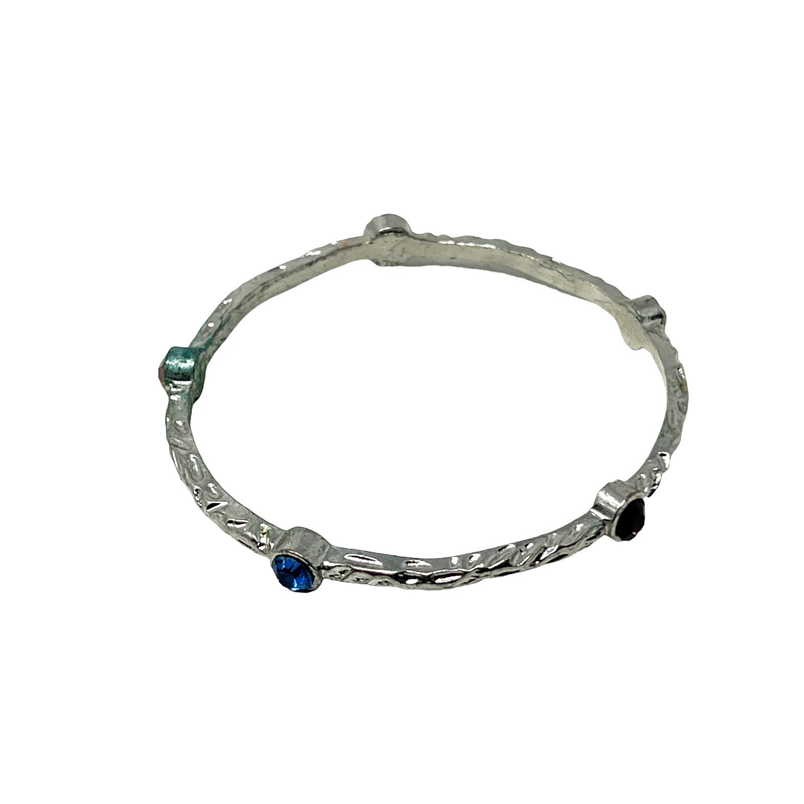 Bangle Silver Tone Multi Color Rhinestone Stations Hammered Texture Bracelet gallery