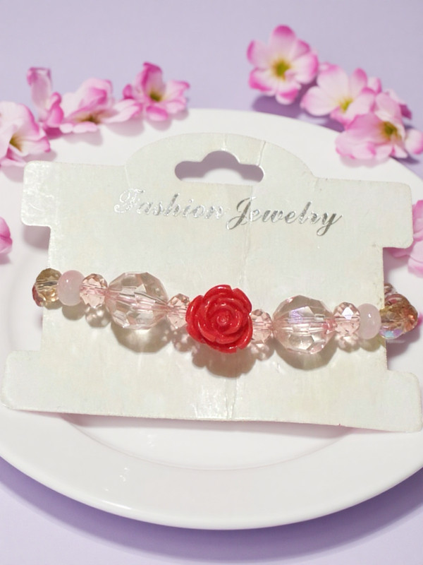 Pink clear women's handmade exquisite clay, acrylic, crystal beaded bracelet gallery