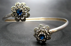 Sterling SIlver 925 Marcasite Blue Glass Cuff Bracelet