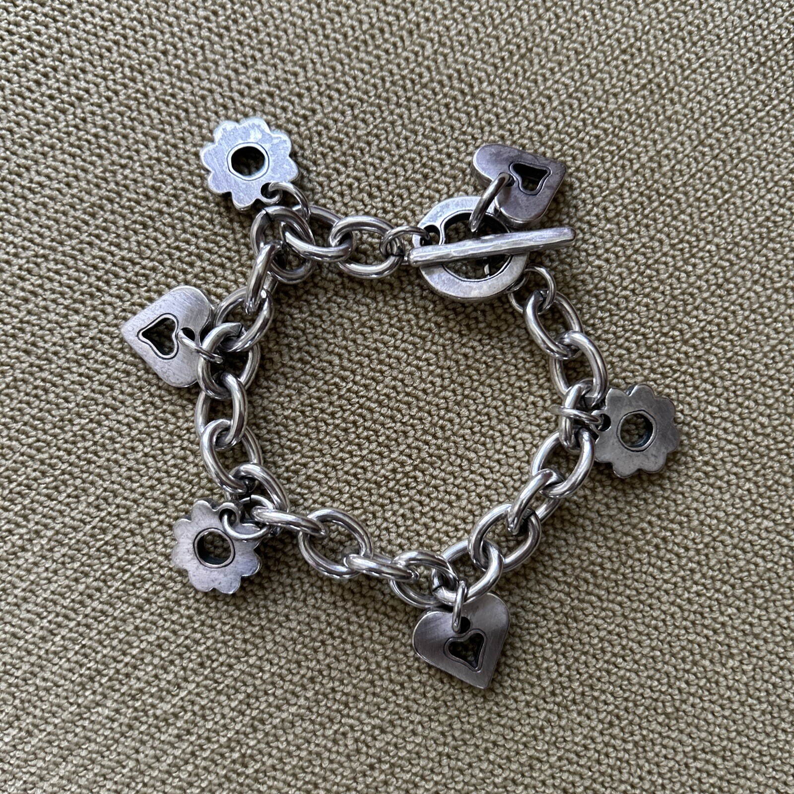Signed DANON Matte Silver Plated Pewter Heart Flower Charm 8” Toggle Bracelet gallery