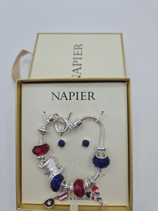 NAPIER Silver Tone Red,White,Blue Charm Bracelet & Stud Earring Set NWT In Box gallery