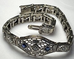 Art Deco 14k White Gold 7-Diamond 2-Sapphire Bracelet Filigree Ornate 6.5” Used
