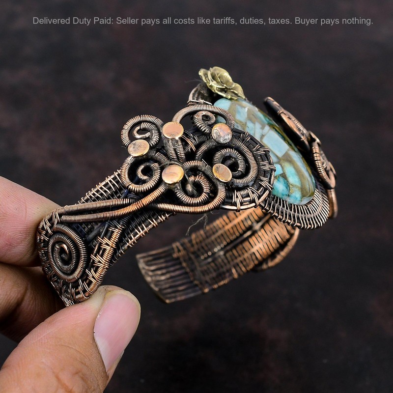 Copper Oval Copper Amazonite Gemstone Mother New Wire Wrapped Flower Bangle Cuff gallery