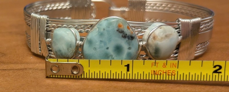 Larimar 3 Stone Bangle 925 Sterling Silver Adjustable Bangle Handmade Loop Clasp gallery