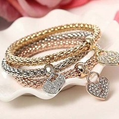 Color Stretch Bracelet Set; Inlay Crystal Stone Pendant Alloy white Gold & Rose