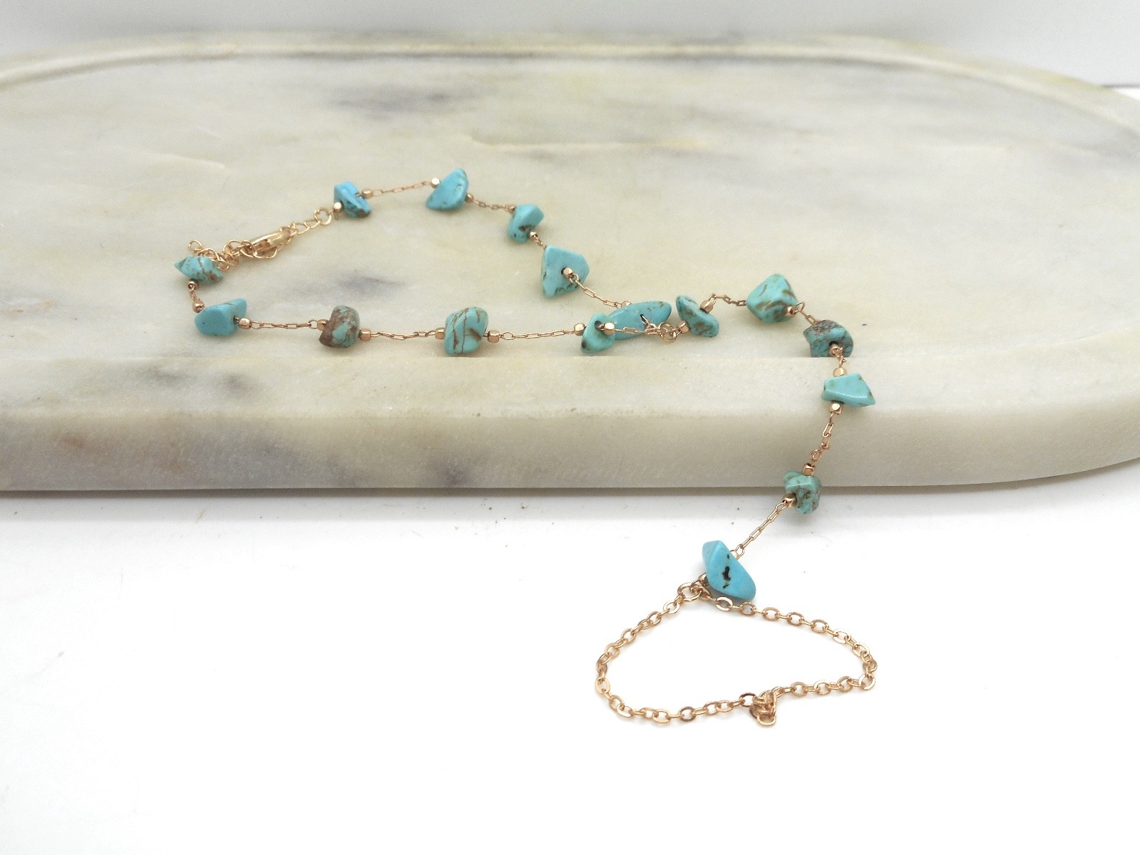 Blue Howlite Chip Bracelet Women's Ring Attached Gold Plated Slave Hand Chain gallery