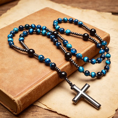 Blue Tigers Eye Hematite Rosary Bead Necklace Hematite Cross Catholic Prayer