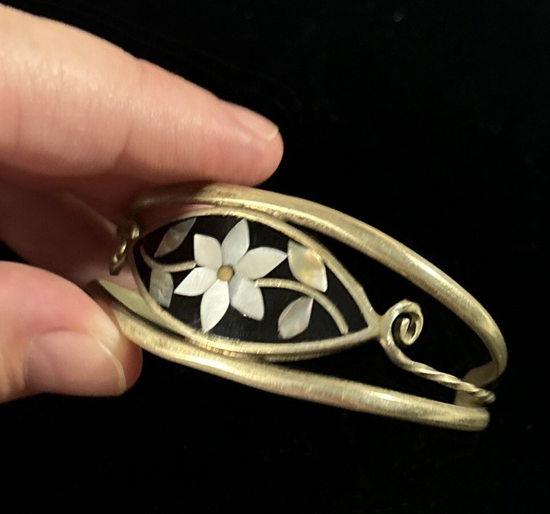 Vintage 1970s Alpaca Silver Mother Of Pearl Floral Cuff Bracelet Marked gallery
