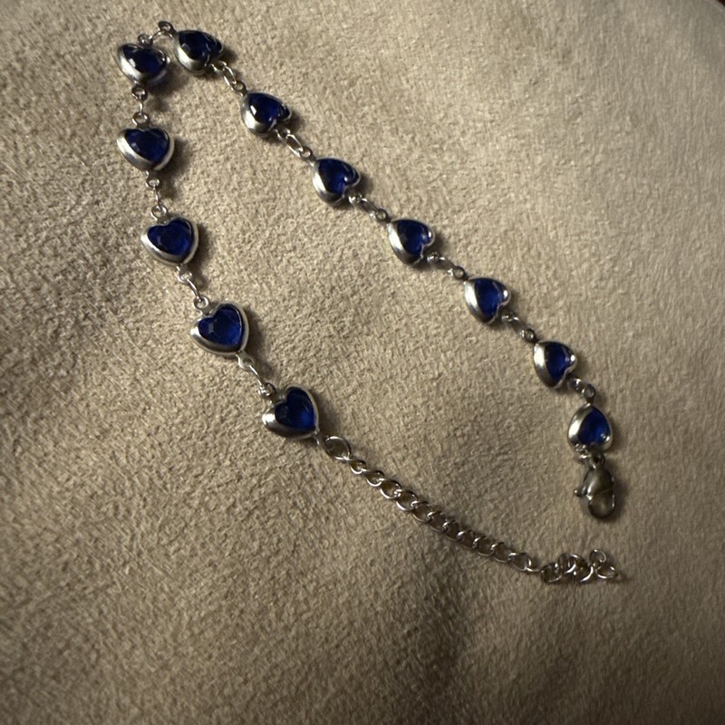 Blue Colored Glass Heart Stones Silver 8-1/2” Bracelet gallery