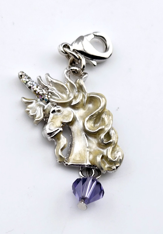 Kirks Folly CRYSTAL Enamel Unicorn Silvertone Charm 1 1/4" x 1/2" gallery