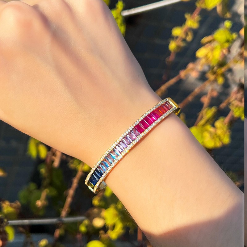 Women Gorgeous Gold Plated Rainbow Zircon Crystal Bangle Bracelet Bridal Jewelry gallery